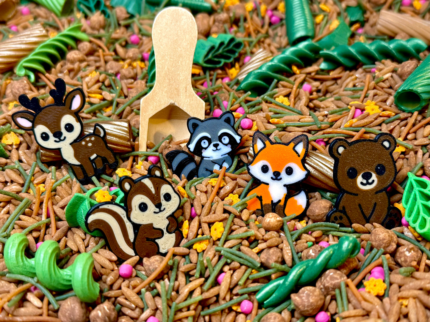 Woodland friends deer, squirrel, raccoon, fox and bear cutouts in Acorn Hollow sensory filler