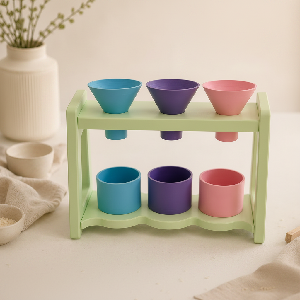 Pastel funnel and cup set on a mint wooden stand with three funnels and three cups