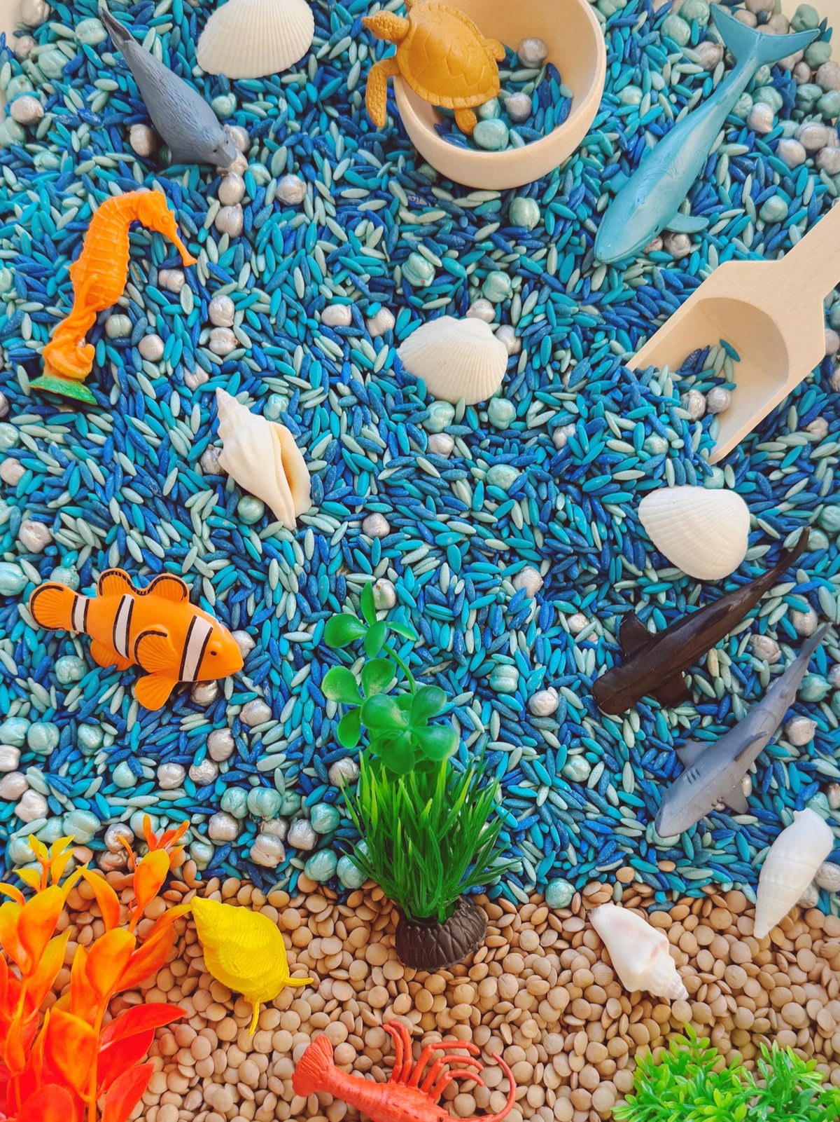 Sensory Bin Filler + Play Kit - Ocean Explorers - Pasta & Chickpea Filler - Blue
