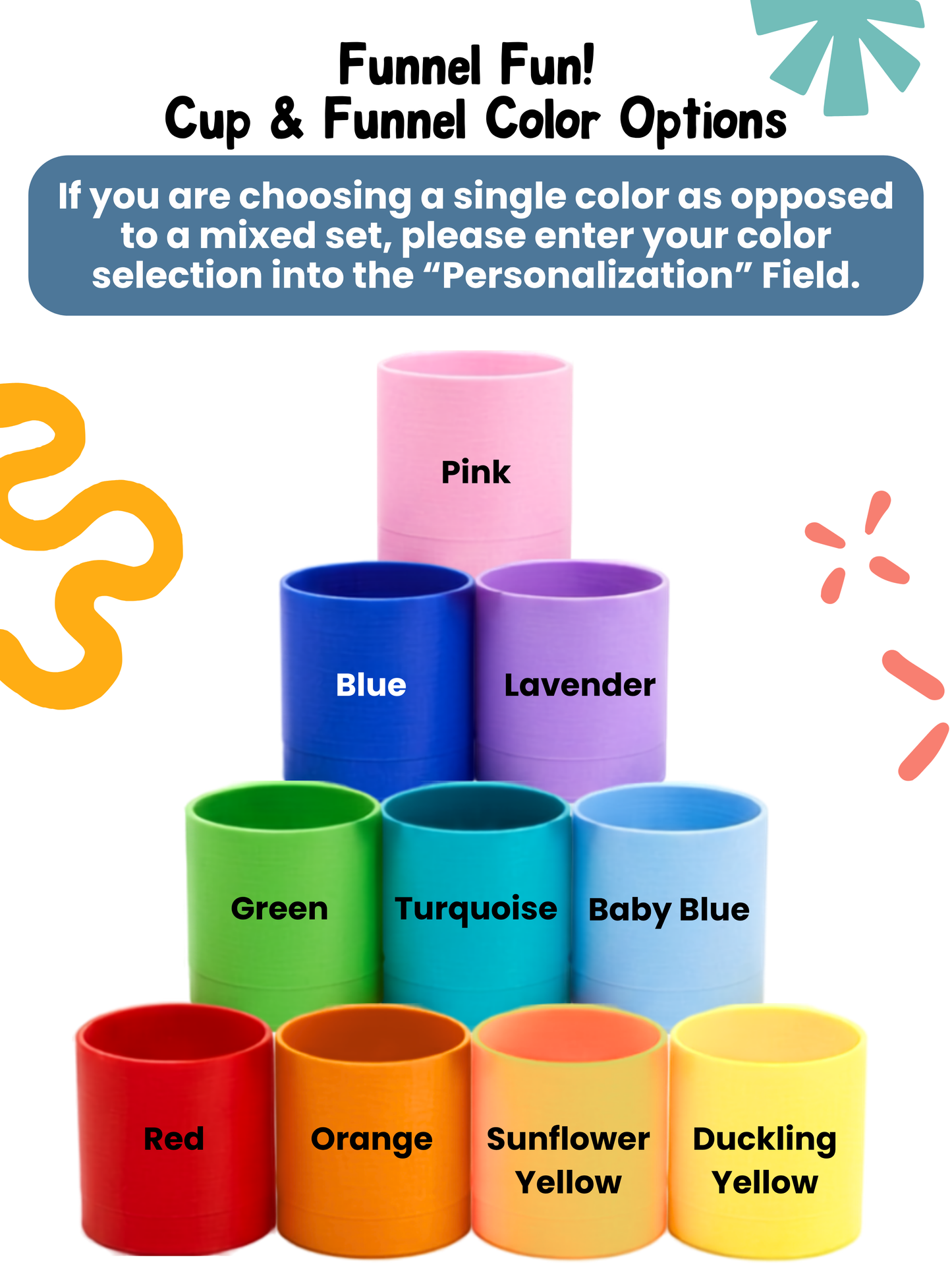 Funnel Fun cup and funnel color chart with pink, blue, lavender, green, red, orange and yellow