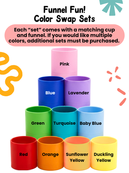 Funnel Fun color swap set chart showing matching cup and funnel color options