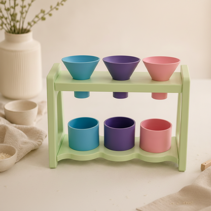 Pastel funnel and cup set on a mint wooden stand with three funnels and three cups