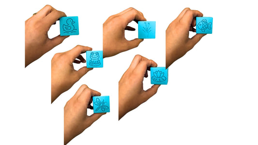 Hands holding the six sides of the pond stamp cube play dough stamper