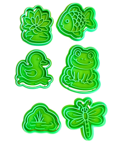 Six green pond play dough cutters: lily pad, fish, duck, frog, pond and dragonfly