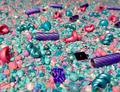 Detail of Mermaid Magic filler with purple spiral pasta, pink shells and teal beads