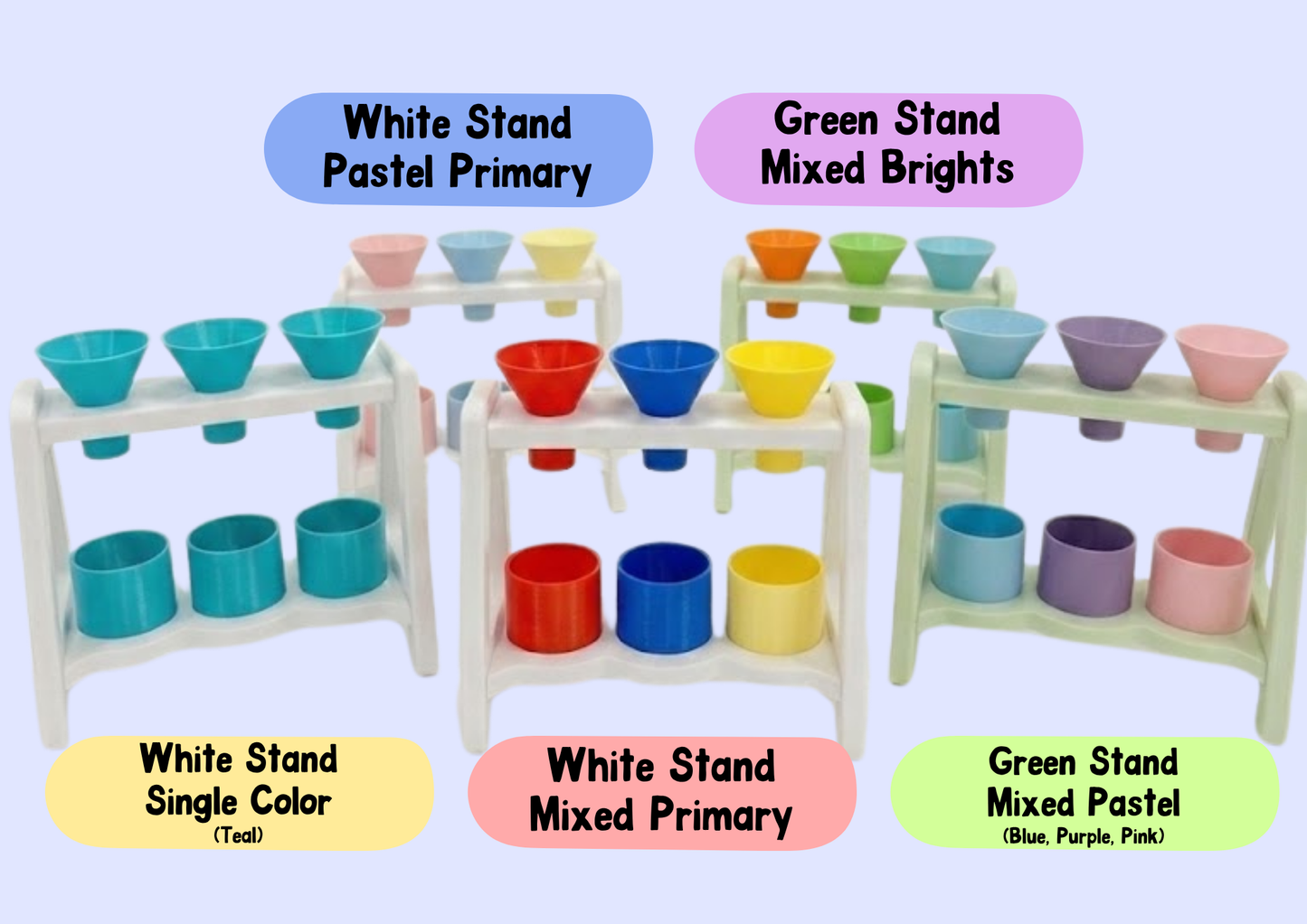 Funnel Fun color options showing white and green stands with pastel, primary and bright cup sets