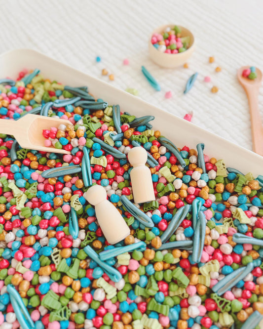 Peg dolls and wooden scoop in Forest Jamboree red, green and blue sensory mix