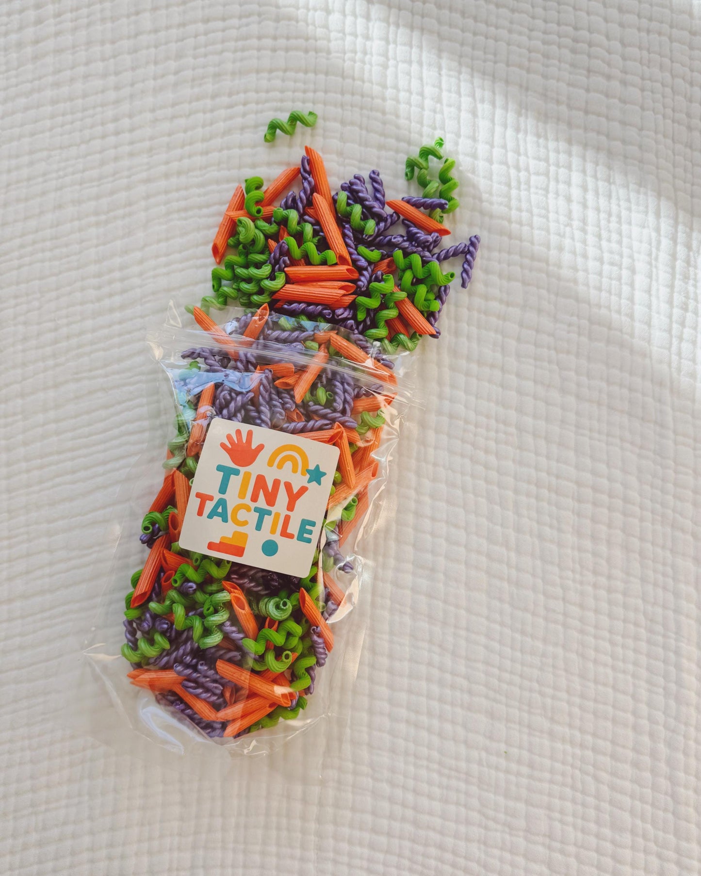 Sensory Bin Filler & Play Kit - Whack-a-Noodles - Chunky Pasta Filler - Green, Purple, Orange - Bright High-Contrast