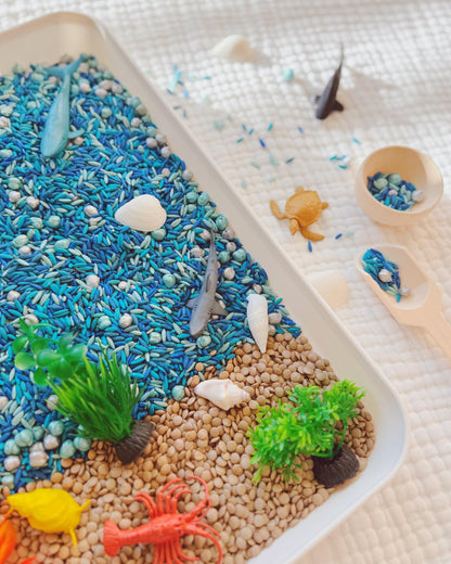 Sensory Bin Filler + Play Kit - Ocean Explorers - Pasta & Chickpea Filler - Blue