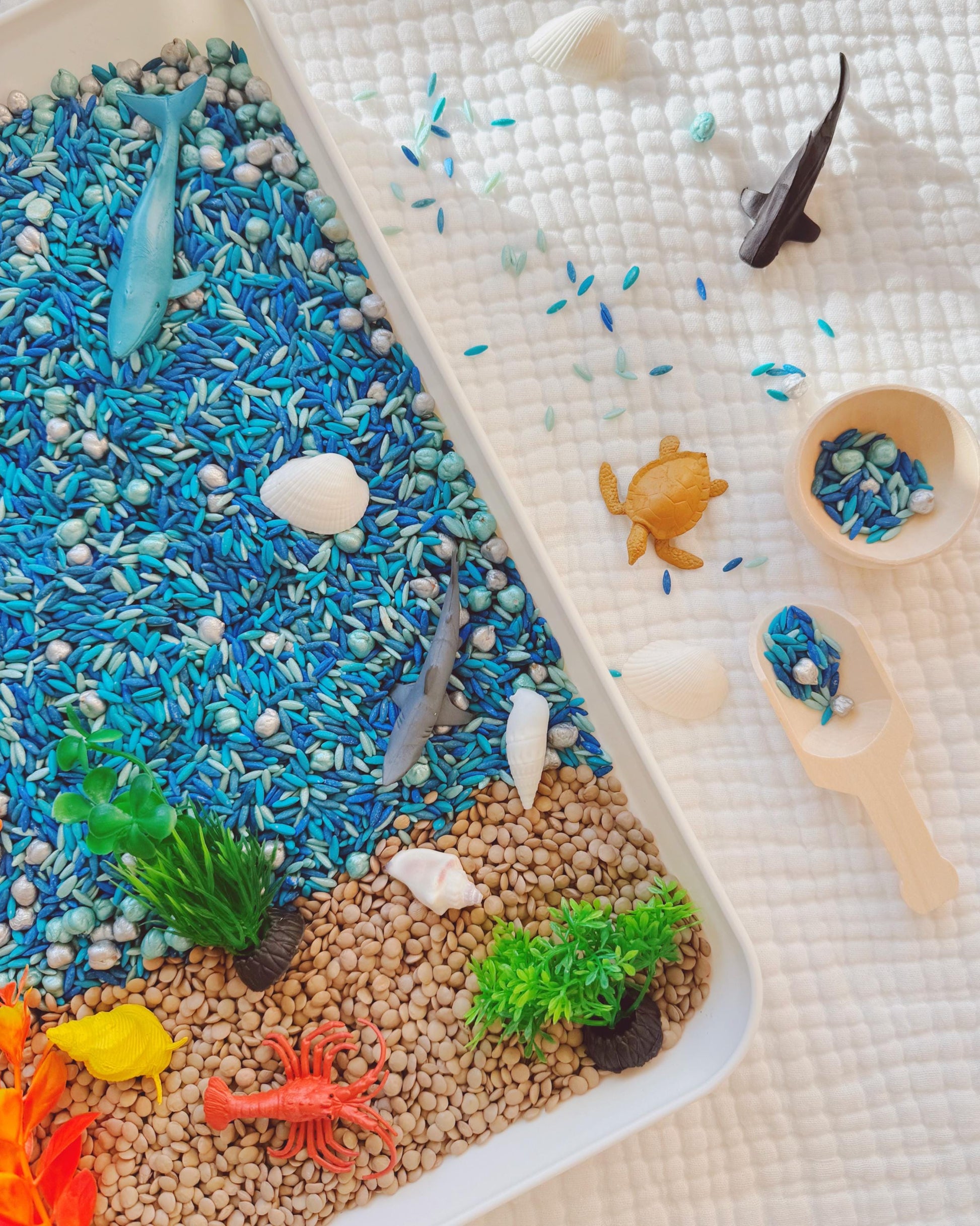 Sensory Bin Filler + Play Kit - Ocean Explorers - Pasta & Chickpea Filler - Blue