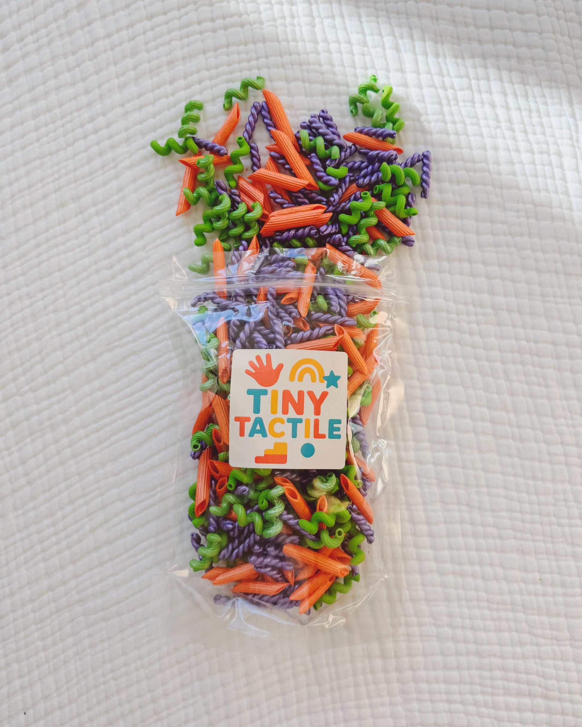 Sensory Bin Filler & Play Kit - Whack-a-Noodles - Chunky Pasta Filler - Green, Purple, Orange - Bright High-Contrast