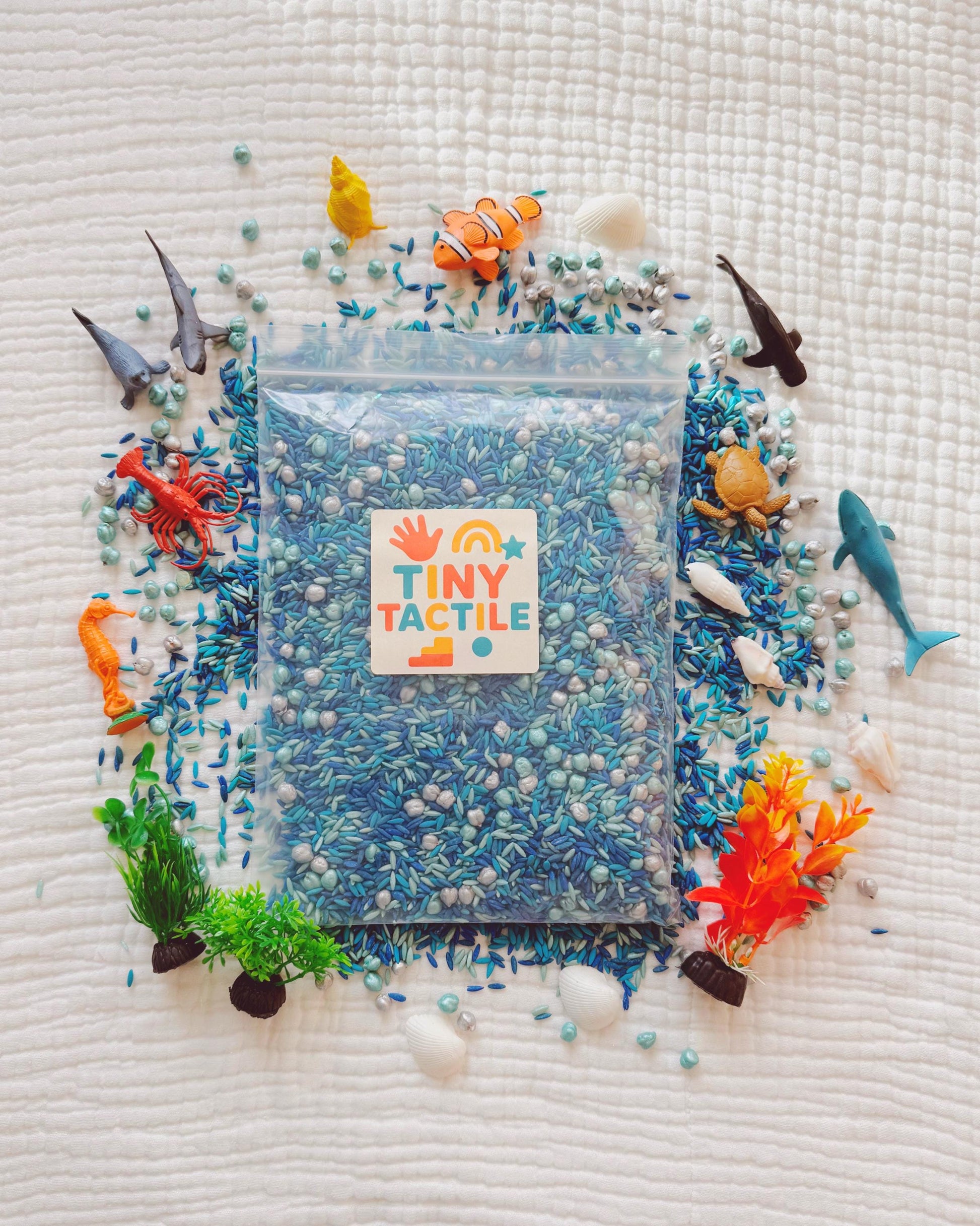 Sensory Bin Filler + Play Kit - Ocean Explorers - Pasta & Chickpea Filler - Blue