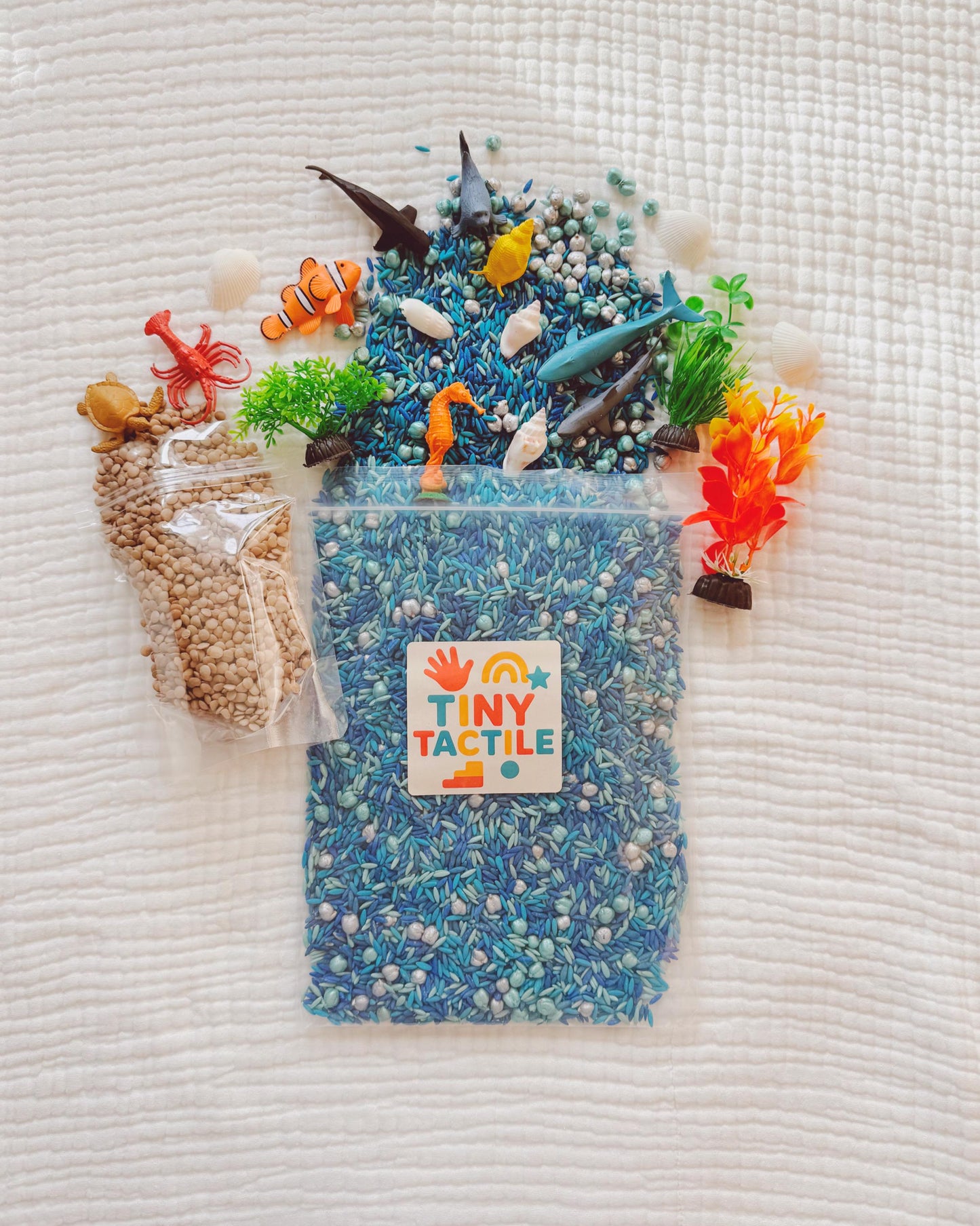 Sensory Bin Filler + Play Kit - Ocean Explorers - Pasta & Chickpea Filler - Blue