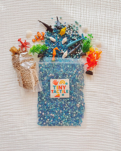 Sensory Bin Filler + Play Kit - Ocean Explorers - Pasta & Chickpea Filler - Blue