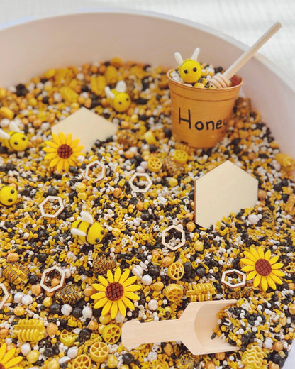 Spelling Bee Sensory Play Kit | Bumble Bee Theme Sensory Bin Filler | Spring Sensory Bin | Alphabet Sensory Kit | Black, White, Gold, Yellow