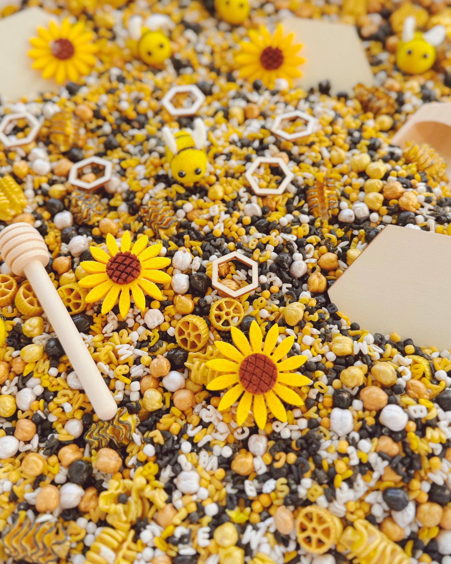 Spelling Bee Sensory Play Kit | Bumble Bee Theme Sensory Bin Filler | Spring Sensory Bin | Alphabet Sensory Kit | Black, White, Gold, Yellow