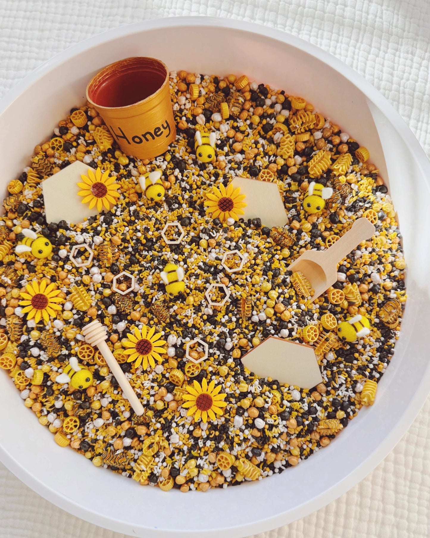 Spelling Bee Sensory Play Kit | Bumble Bee Theme Sensory Bin Filler | Spring Sensory Bin | Alphabet Sensory Kit | Black, White, Gold, Yellow
