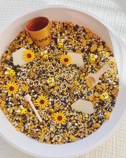 Spelling Bee Sensory Play Kit | Bumble Bee Theme Sensory Bin Filler | Spring Sensory Bin | Alphabet Sensory Kit | Black, White, Gold, Yellow