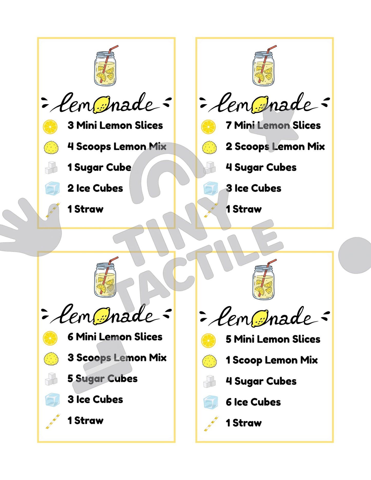 Lemonade Recipe Cards – Sensory Bin Pretend Play (Digital Download, Set of 16 Cards)