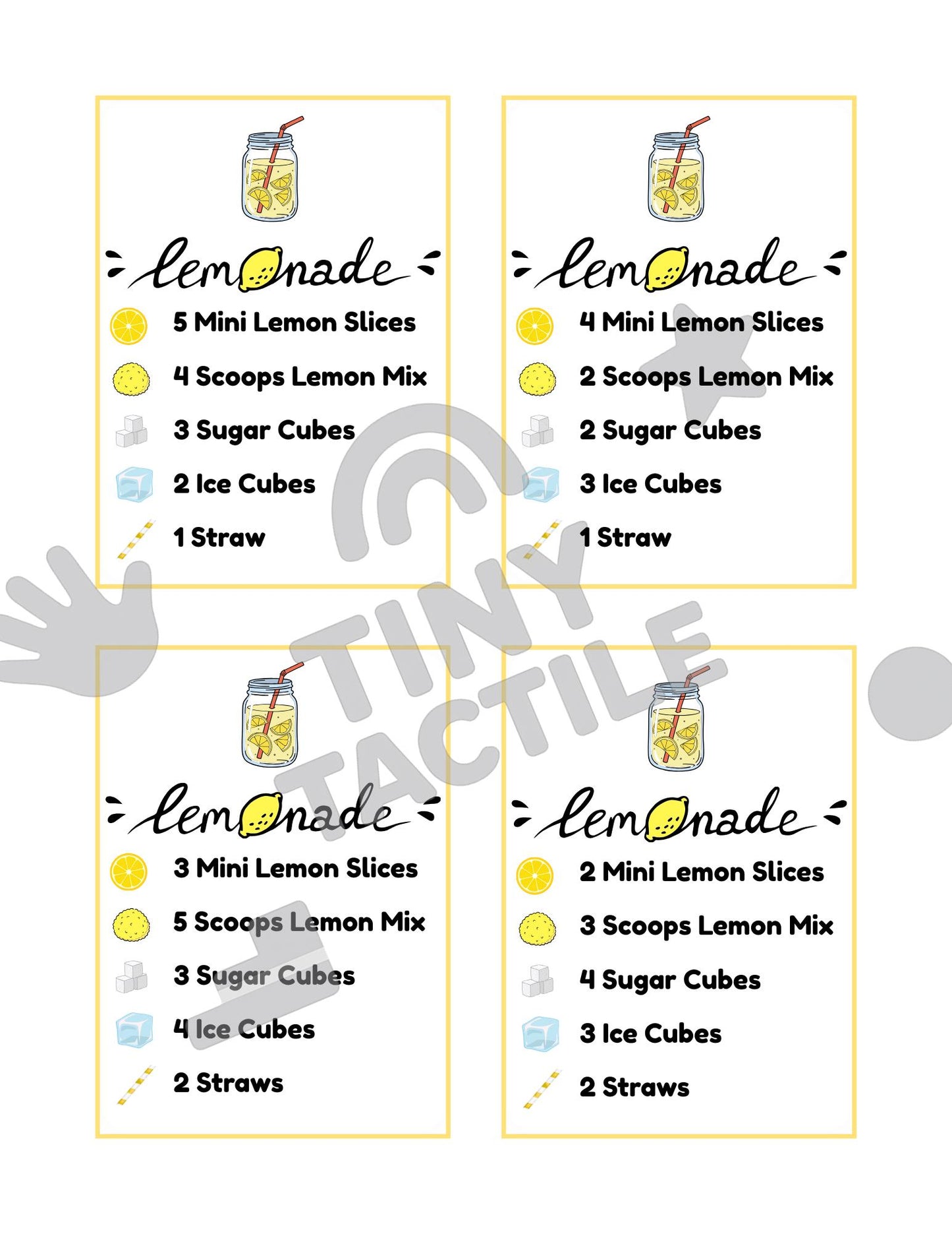 Lemonade Recipe Cards – Sensory Bin Pretend Play (Digital Download, Set of 16 Cards)