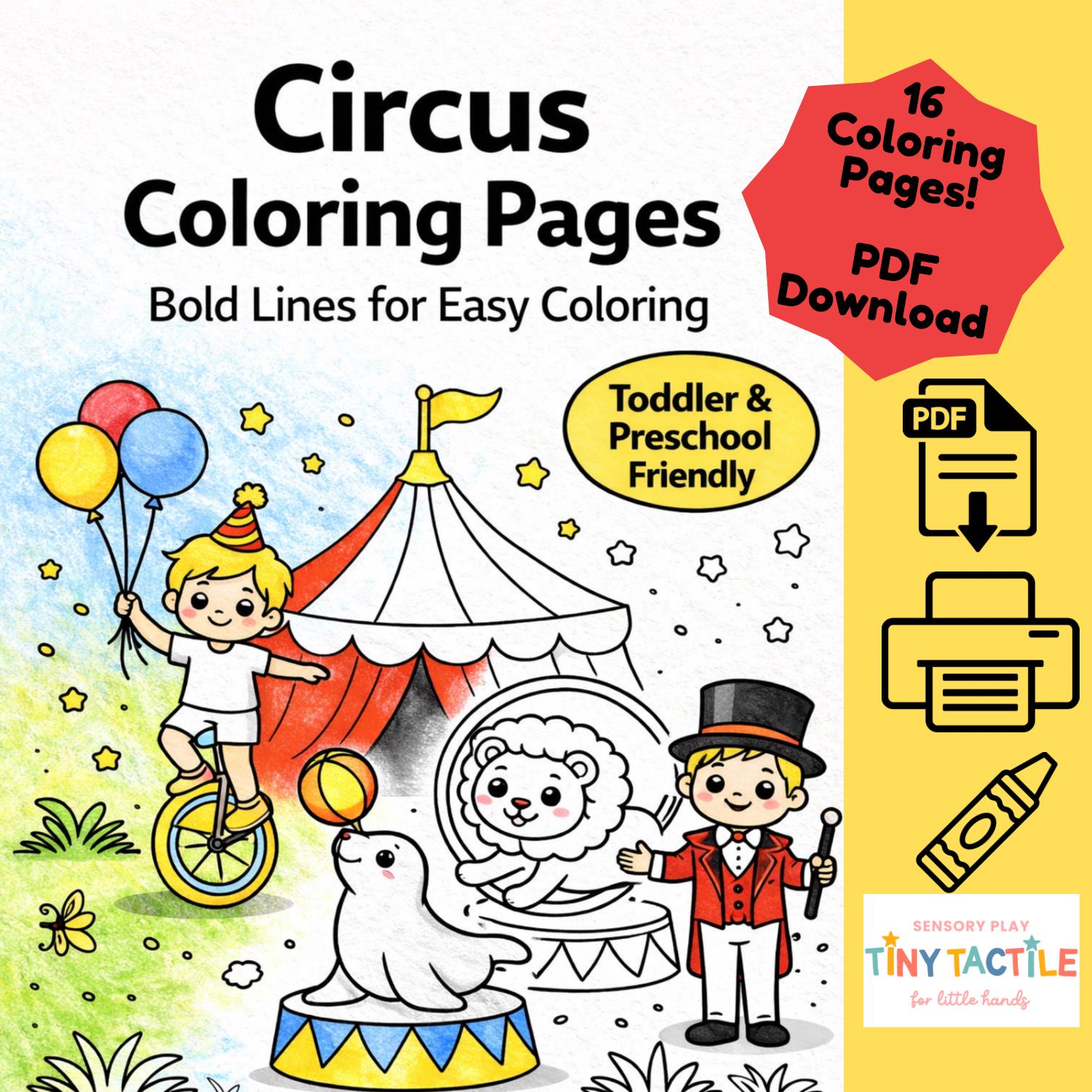 Digital Download - Circus Theme Coloring Pages | Birthday Activities for Preschoolers | Simple Easy Coloring Pages for Toddlers