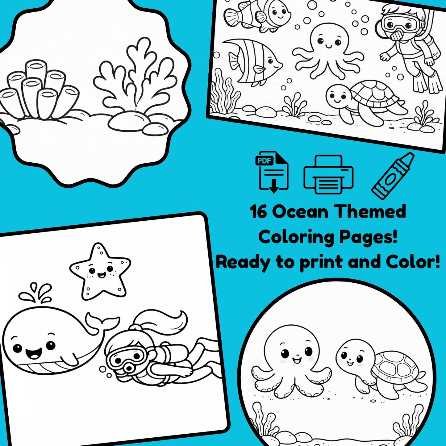 Digital Download - Ocean Theme Coloring Pages | Birthday Activities for Preschoolers | Simple Easy Coloring Pages for Toddlers