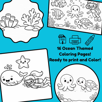 Digital Download - Ocean Theme Coloring Pages | Birthday Activities for Preschoolers | Simple Easy Coloring Pages for Toddlers