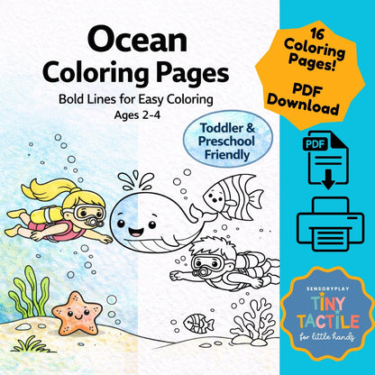 May include: A digital download of ocean-themed coloring pages for ages 2-4. The cover features a girl and boy scuba diving with a whale, fish, and starfish. The text reads "Ocean Coloring Pages" and "Toddler & Preschool Friendly."